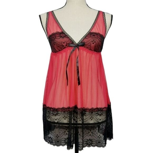 Sheer Red with Black Lace Nightie NWOT - Picture 1 of 9